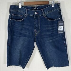 True Religion Men 36 Ricky Relaxed Straight Leg Denim Shorts Raw Hem 108384 Dark